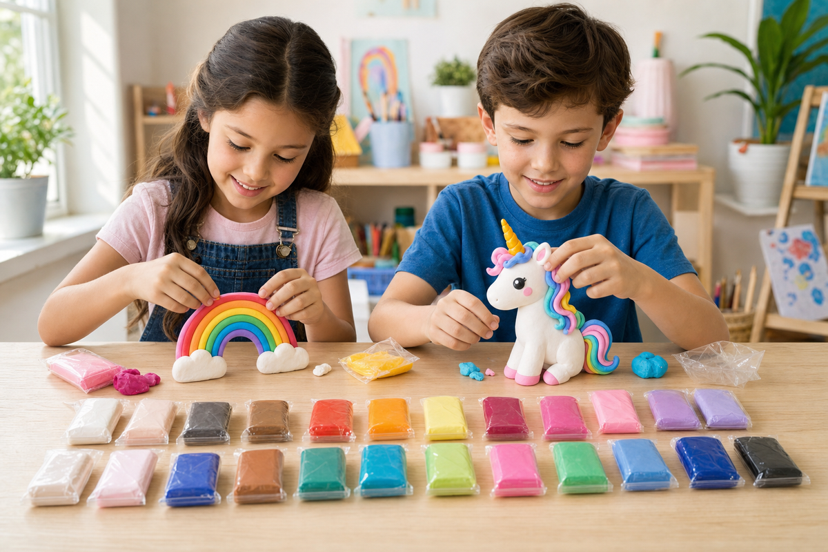 Two children sculpting a rainbow and unicorn figurine using foam clay at a craft table