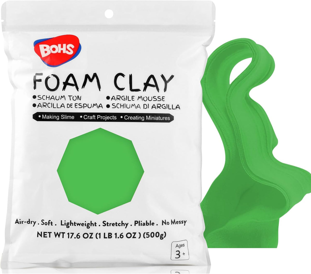 BOHS Green Modeling Foam Clay - Squishy,Soft, Air Dry -for School Project,Cosplay,Fake Bake, Slime Supplies-1.1 Lbs/ 500 Grams BOHS Toys
