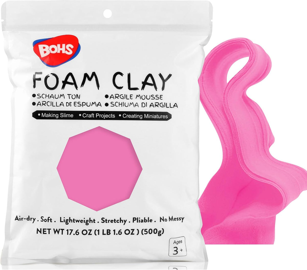 BOHS Pink Modeling Foam Clay, Soft Air Dry, for School Project, Butter Slime, Fake Bake - 1.1 Lbs/17.6 OZ, Age 3 Years & up BOHS Toys