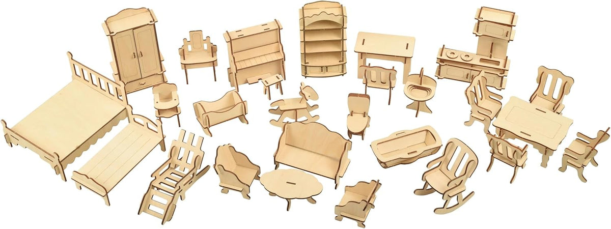 BOHS Scale 1:12 Dollhouse Furniture Set - Wooden 3D Puzzles - 28 PCS Dollhouse Furniture for Six Rooms