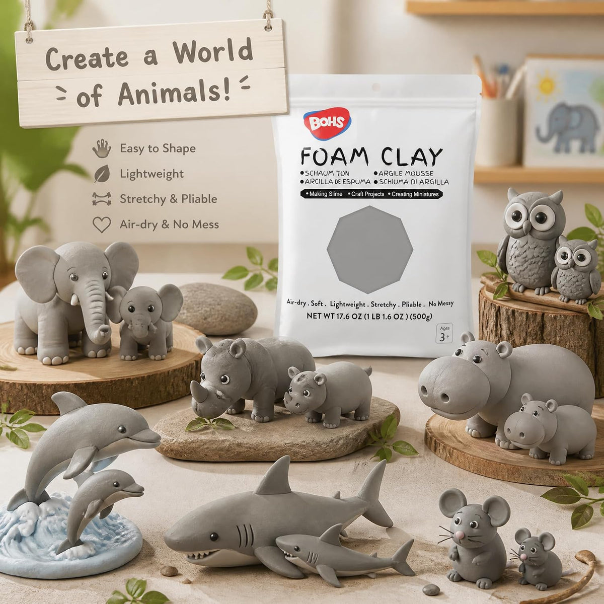BOHS Gray Foam Clay - Moldable,Squishy,Air Dry,High Density -for Cosplay Costume,Butter Slime,Figures -Easy to Mold, Sand and Paint-1.1 Lbs/500Grams bohs toys