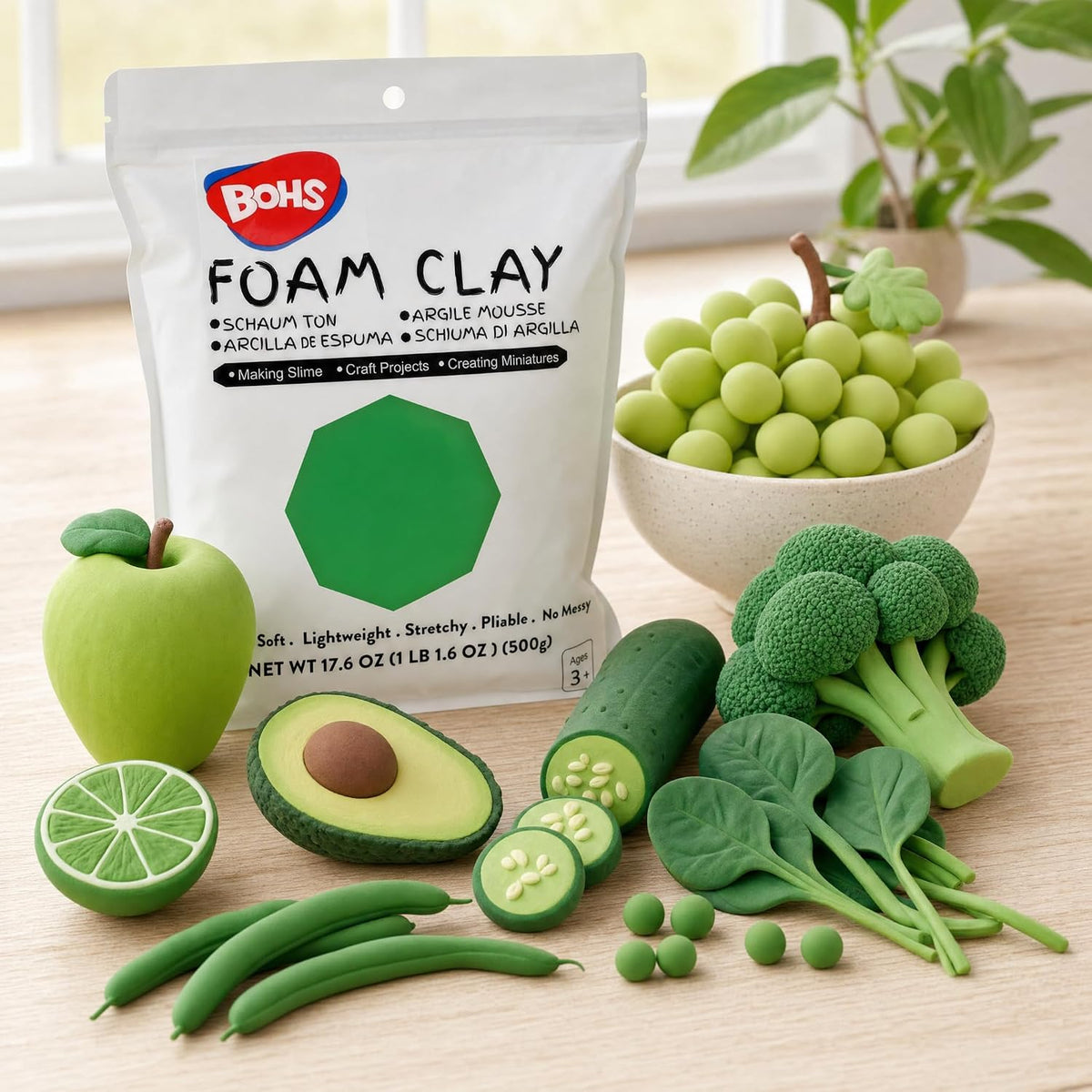 BOHS Green Modeling Foam Clay - Squishy,Soft, Air Dry -for School Project,Cosplay,Fake Bake, Slime Supplies-1.1 Lbs/ 500 Grams BOHS Toys