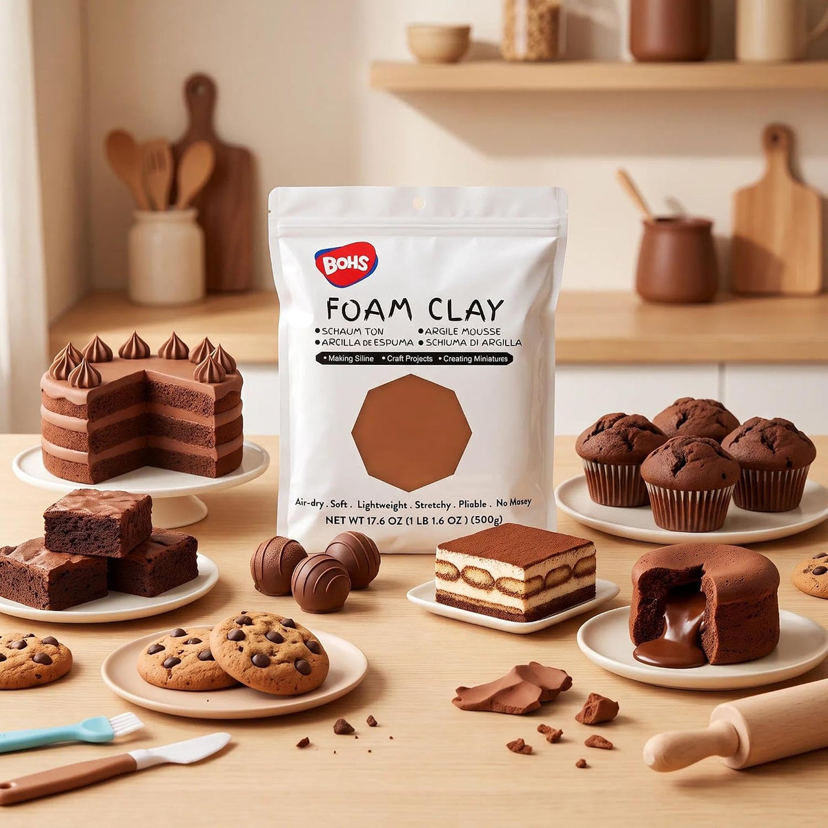 BOHS Milk Chocolate Brown Modeling Foam Clay - Squishy,Soft, Air Dry -for School Project,Cosplay,Fake Bake, Slime Supplies-1.1 Lbs/ 500 Grams bohs toys