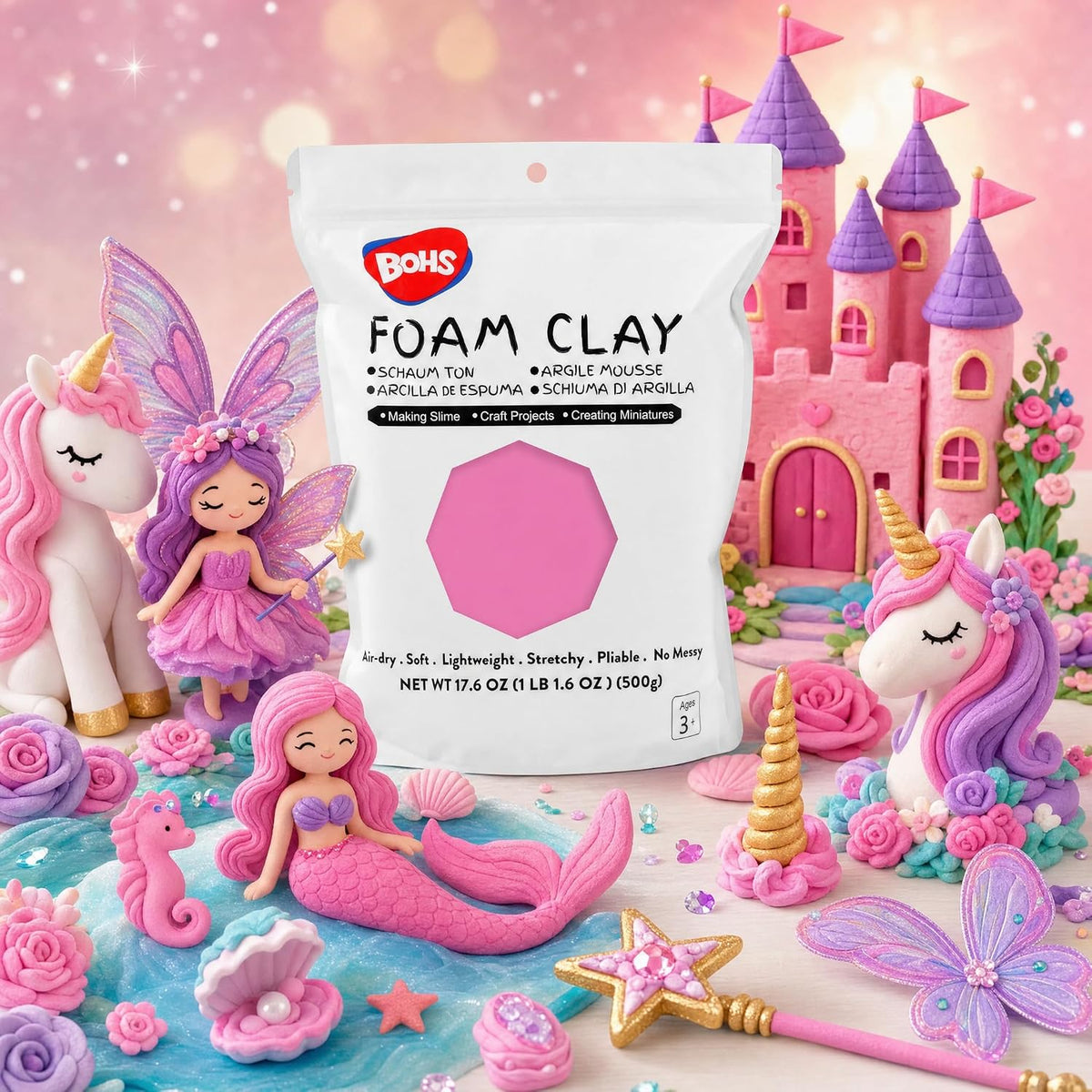 BOHS Pink Modeling Foam Clay, Soft Air Dry, for School Project, Butter Slime, Fake Bake - 1.1 Lbs/17.6 OZ, Age 3 Years & up BOHS Toys