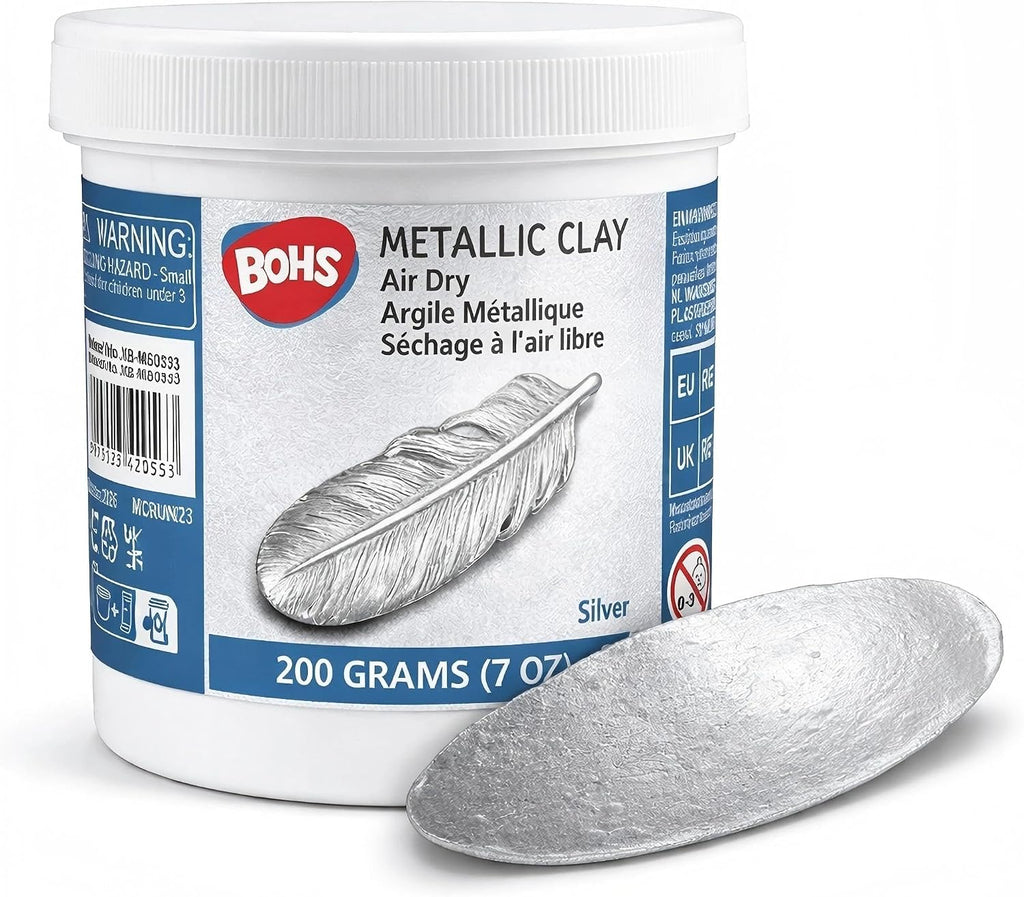 BOHS Silver Metallic Air-Dry Modeling Clay with Glitter Finish, 200g | Soft, pliable no-bake clay for decorative pendants, ornaments, figurines, cosplay props and shimmering craft accents. BOHS Toys