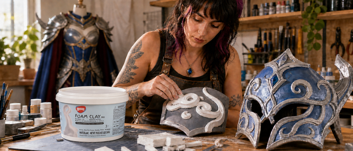 A woman working at a craft table in a workshop, sculpting a decorative gray and white relief piece. A white tub of bohs Foam Clay sits on the table, alongside a finished blue and silver fantasy helmet and small white blocks.
