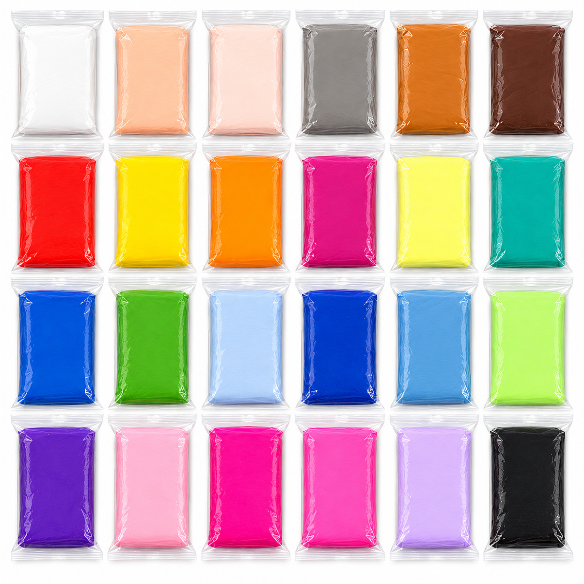 24 individual resealable clay packs laid out in a grid showing full color range