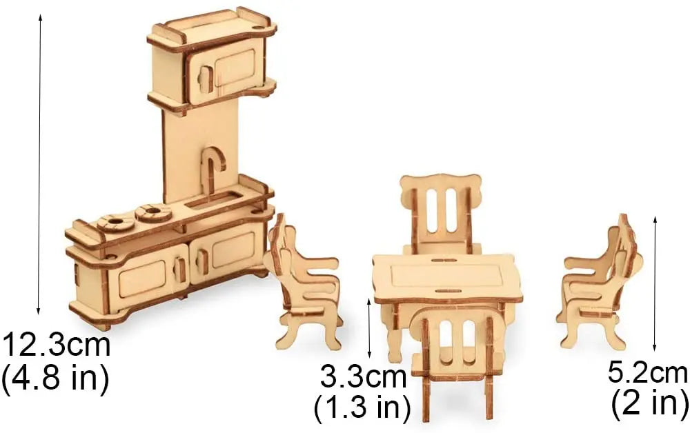 BOHS 1SET=34PCS Dollhouse Furnitures -Wooden 3D Puzzle - Scale Miniature Models Doll House DIY Accessorie bohs toys