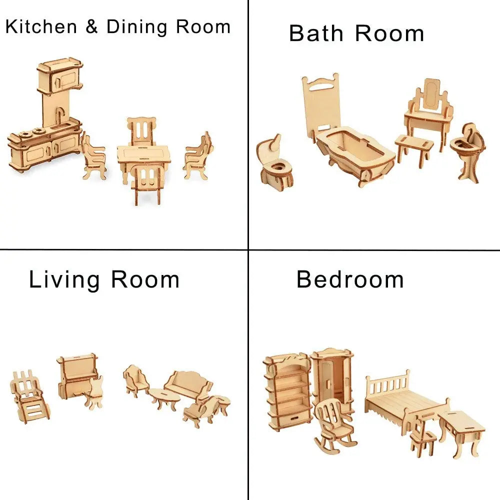 BOHS 1SET=34PCS Dollhouse Furnitures -Wooden 3D Puzzle - Scale Miniature Models Doll House DIY Accessorie bohs toys