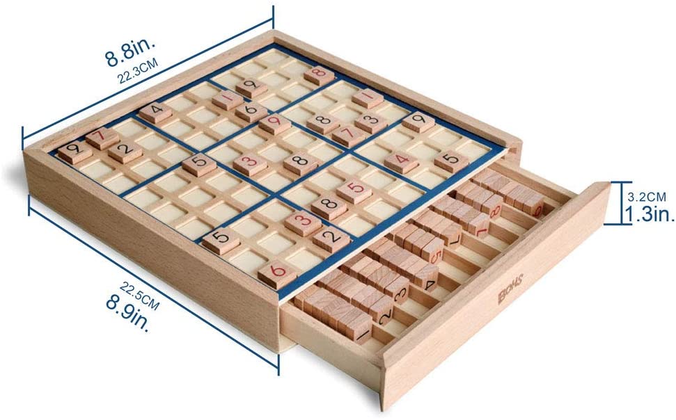 BOHS Wooden Sudoku Board Game with Drawer - with Book of 100 Sudoku Puzzles - Math Brain Teaser Desktop Toys bohs toys