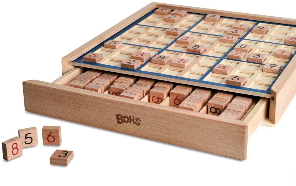 BOHS Wooden Sudoku Board Game with Drawer - with Book of 100 Sudoku Puzzles - Math Brain Teaser Desktop Toys bohs toys