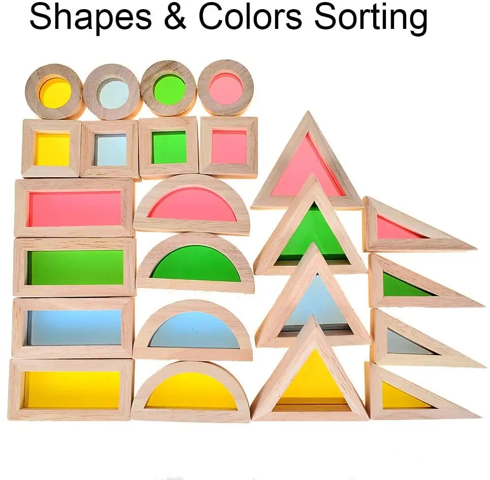 Rainbow Sensory Blocks (24 pcs) - Wooden Toys for Toddlers- Play on Light Table/Sunny Window bohs toys