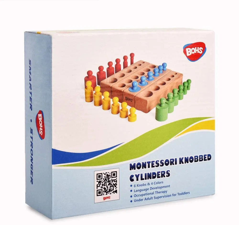 6 Pegs Mini Knobbed Cylinder Blocks Montessori - 6.7 Inches - Colorful Wooden Early Home School Toy - 4pcs Set bohs toys