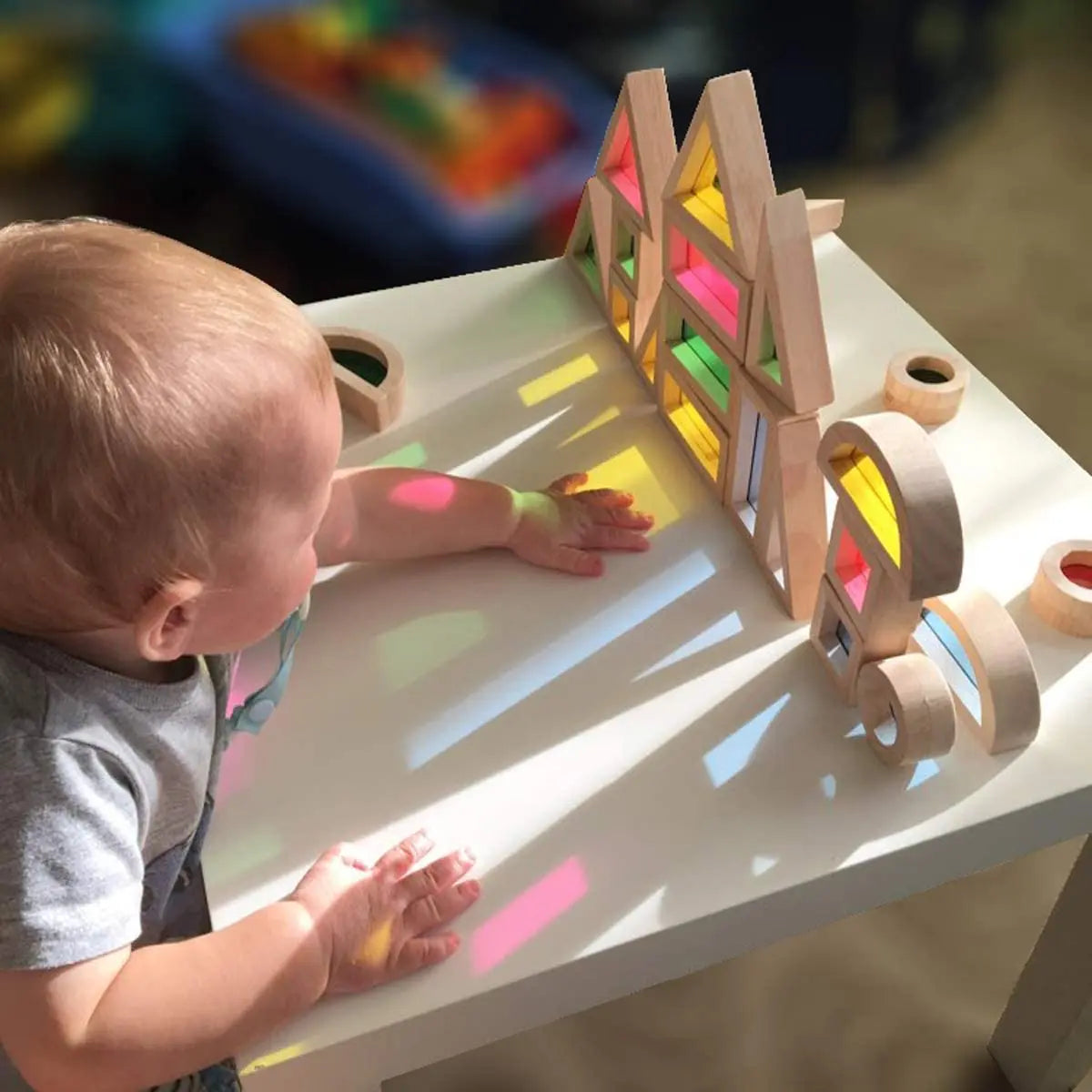 Rainbow Sensory Blocks (24 pcs) - Wooden Toys for Toddlers- Play on Light Table/Sunny Window bohs toys