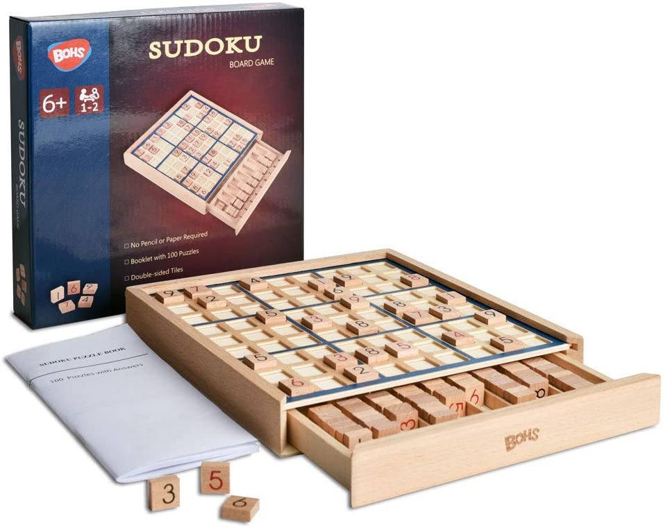 BOHS Wooden Sudoku Board Game with Drawer - with Book of 100 Sudoku Puzzles - Math Brain Teaser Desktop Toys bohs toys