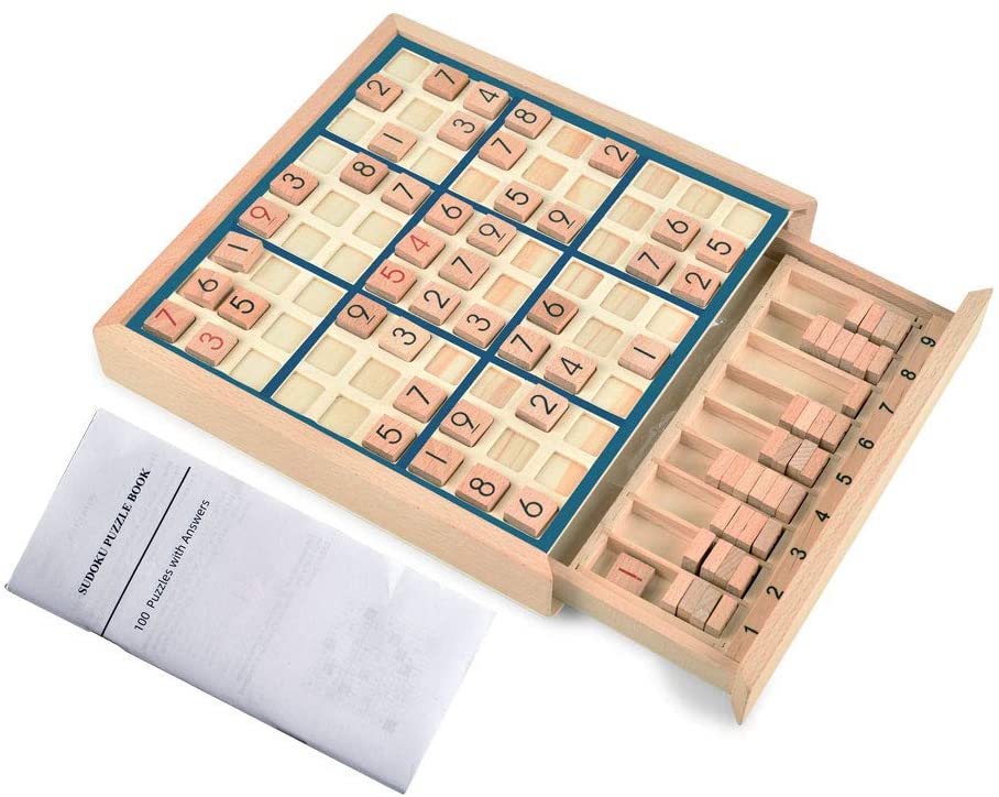 BOHS Wooden Sudoku Board Game with Drawer - with Book of 100 Sudoku Puzzles - Math Brain Teaser Desktop Toys bohs toys