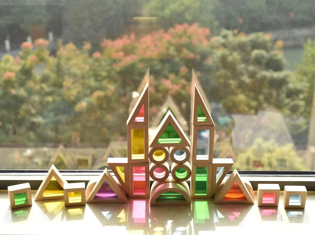 Rainbow Sensory Blocks (24 pcs) - Wooden Toys for Toddlers- Play on Light Table/Sunny Window bohs toys