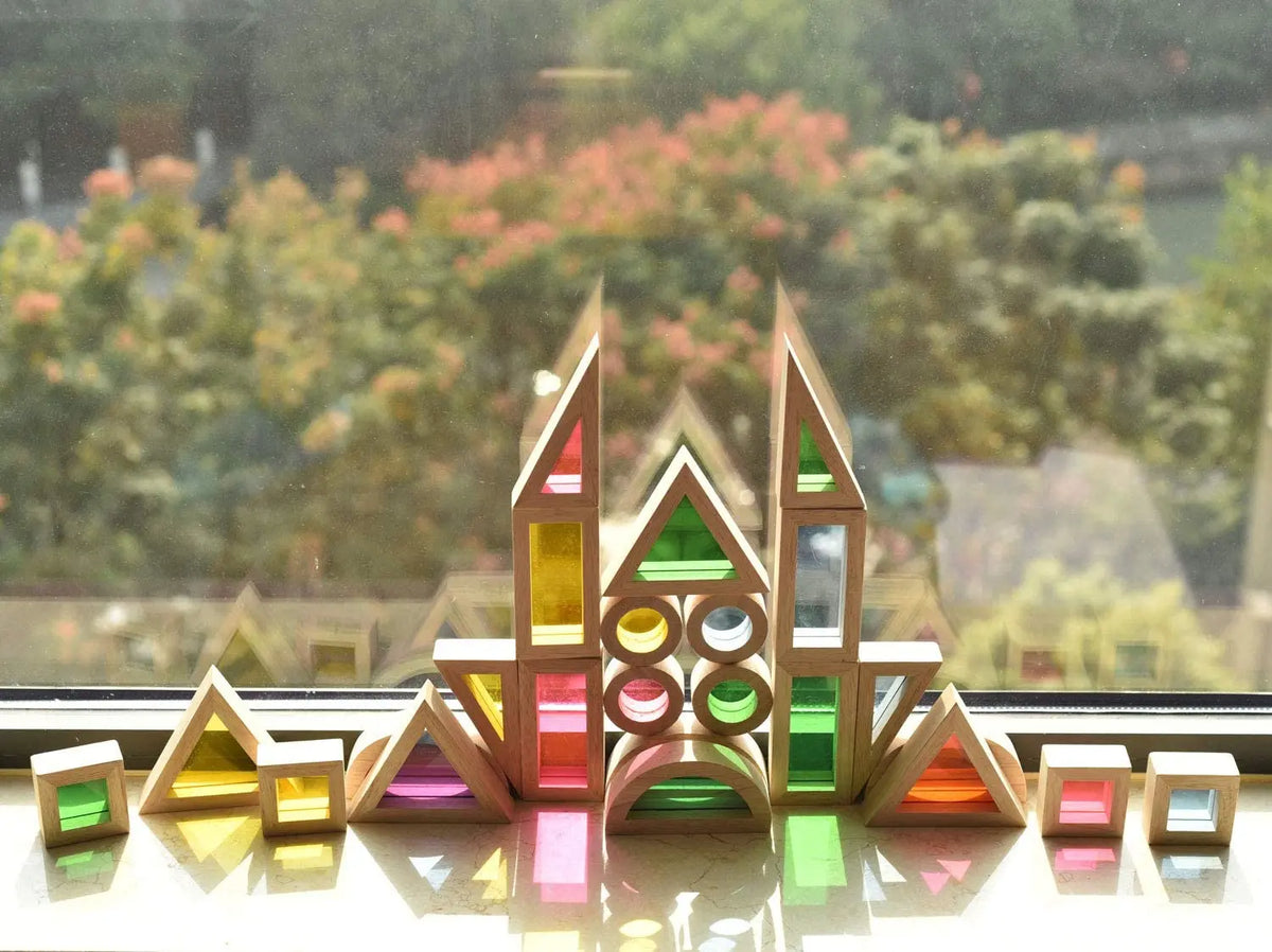 Rainbow Sensory Blocks (24 pcs) - Wooden Toys for Toddlers- Play on Light Table/Sunny Window bohs toys