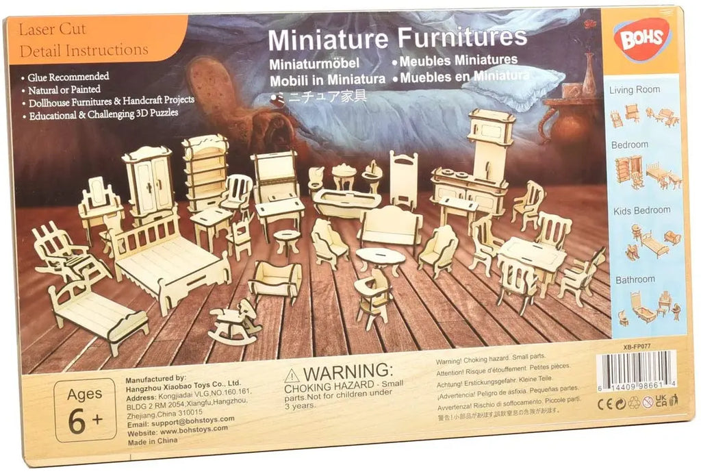 BOHS 1SET=34PCS Dollhouse Furnitures -Wooden 3D Puzzle - Scale Miniature Models Doll House DIY Accessorie bohs toys